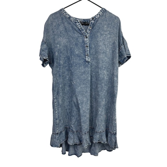 Doe & Rae Dresses & Skirts - Tencel Acid Wash Tunic Dress M Blue Ruffle Hem Oversized Lagenlook Boho Earthy